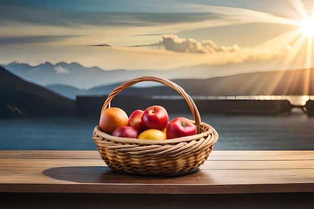 Basket of apples on a table with a sunset in the background