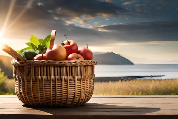 A basket of apples on a table with a view of the sea in the background