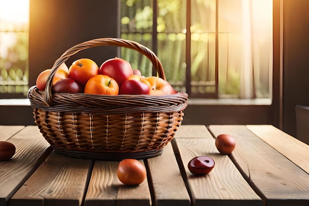 A basket of apples on a table with a window behind it