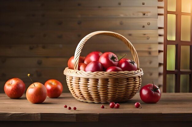 A basket of apples on a table with a wooden background