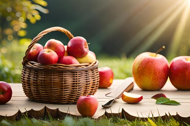 Basket of apples with a basket of apples on the grass