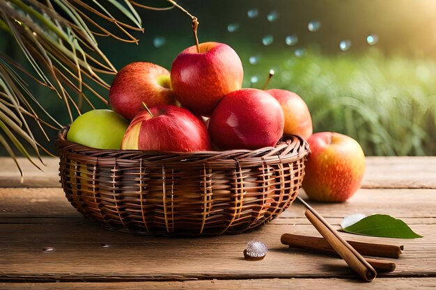 A basket of apples with a branch in the background