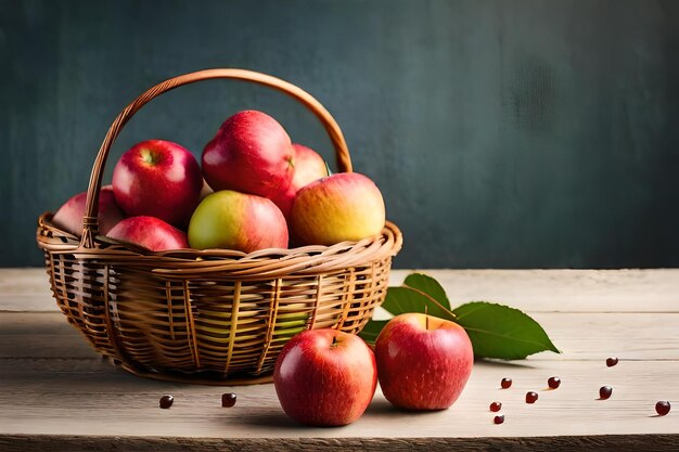 A basket of apples with a green leaf and a brown background.