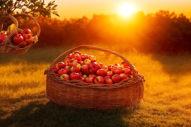 A basket of apples with the sun behind them