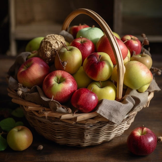 A basket of apples with a walnut on the side