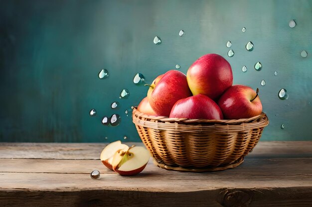 A basket of apples with water drops on the background.