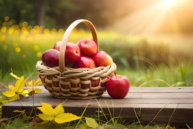 Basket of apples on a wooden table in the forest