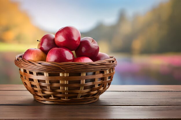 湖を背景に木のテーブルの上にリンゴの入ったバスケット