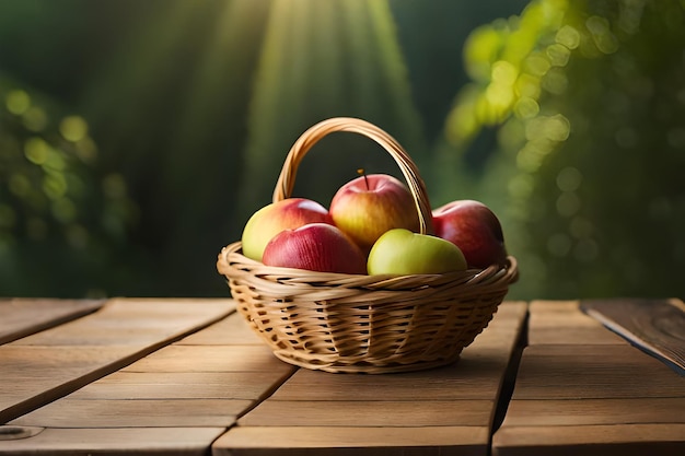 太陽を背にした木のテーブルの上にリンゴの入ったバスケット。