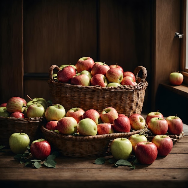 나무 테이블에 사과 바구니