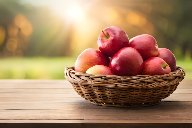 a basket of apples on a wooden table.