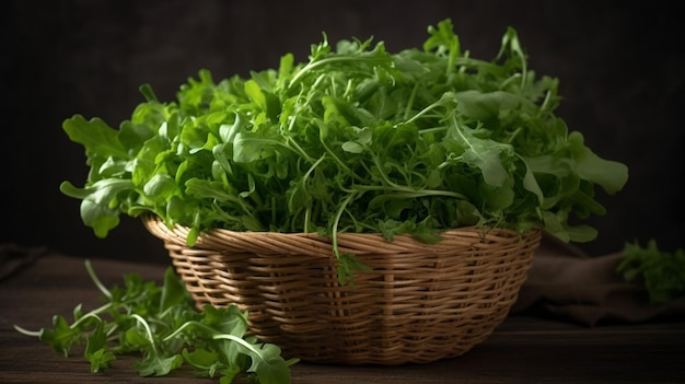 A basket of arugula is shown on a table.