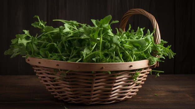 A basket of arugula is on a table.