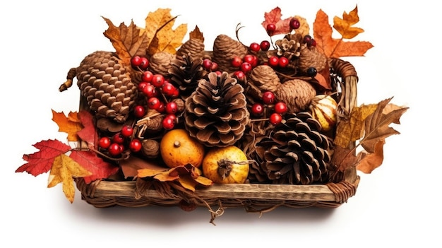 A basket of autumn decorations with a pine cone and pine cones.