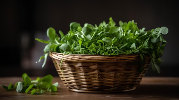 A basket of baby spinach leaves sits on a table.