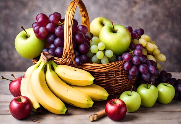 a basket of bananas apples and a basket of fruit