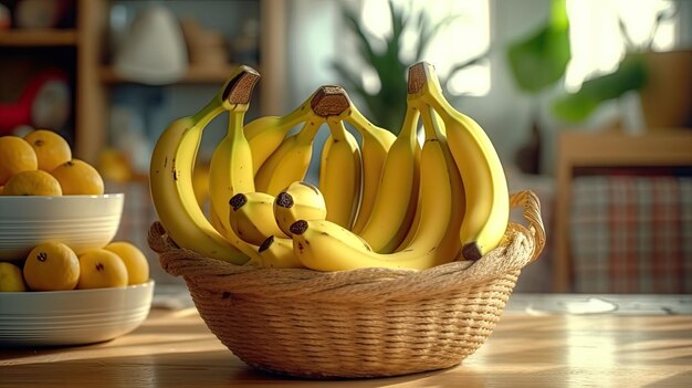 Photo basket of bananas in a dining table