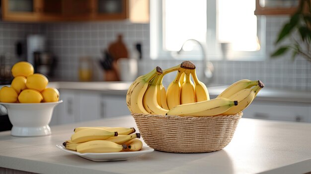 Photo basket of bananas in a dining table