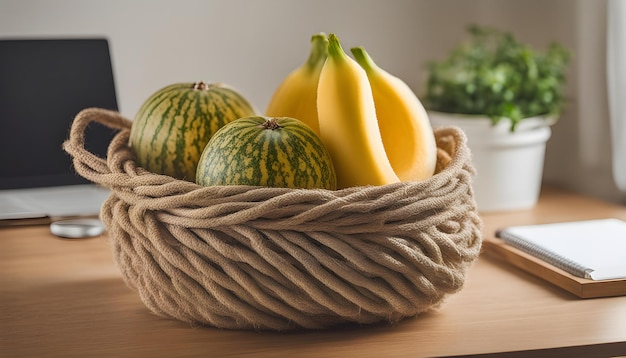 a basket of bananas and other fruit on a table