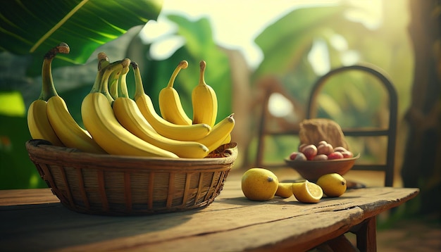 A basket of bananas sits on a table in front of a basket with a basket of fruit.