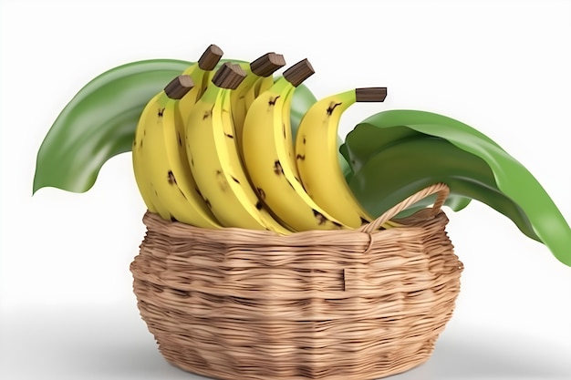 A basket of bananas with green leaves on it