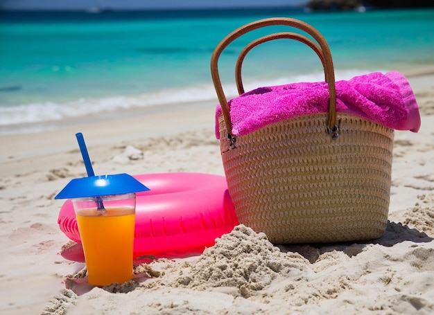 A basket on the beach with a straw hat and a straw