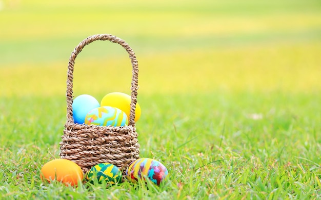 Basket of beautiful eggs on the grass for Easter