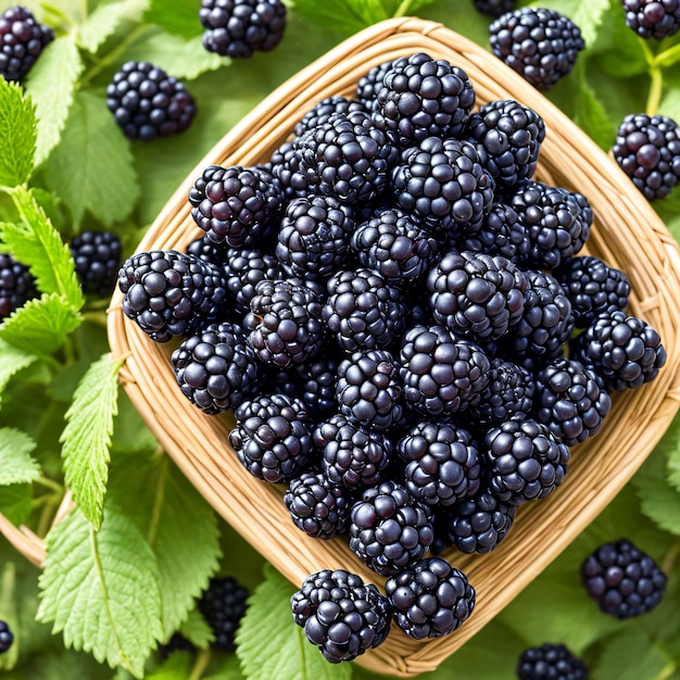 A basket of blackberries sits on a green background with leaves.