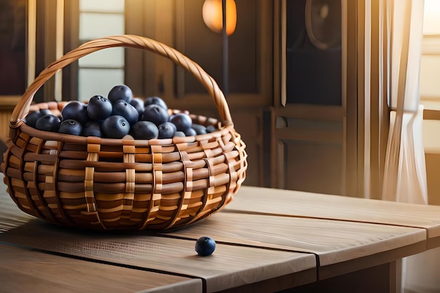 A basket of blueberries sits on a table in front of a window.