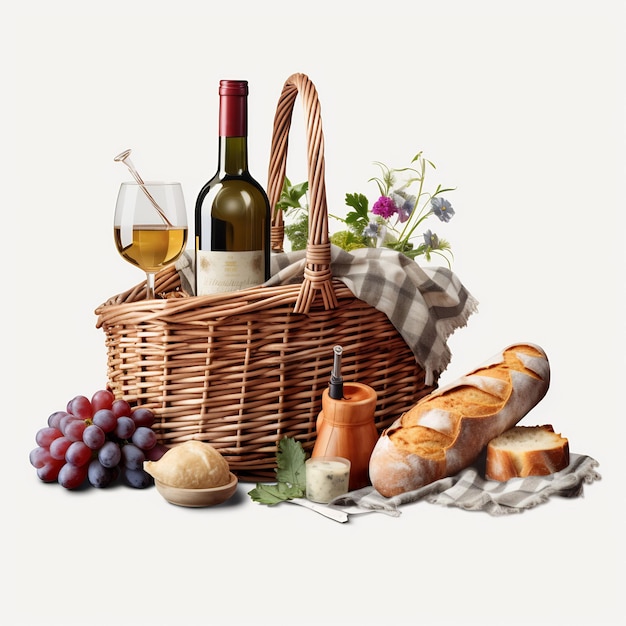 a basket of bread and a bottle of wine with a basket of bread and a bottle of wine.