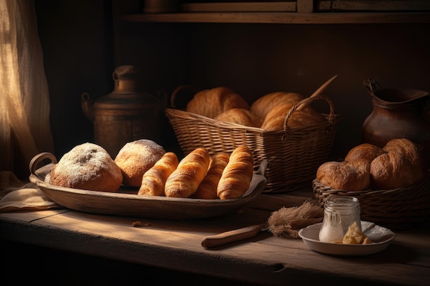 A basket of bread and butter on a table