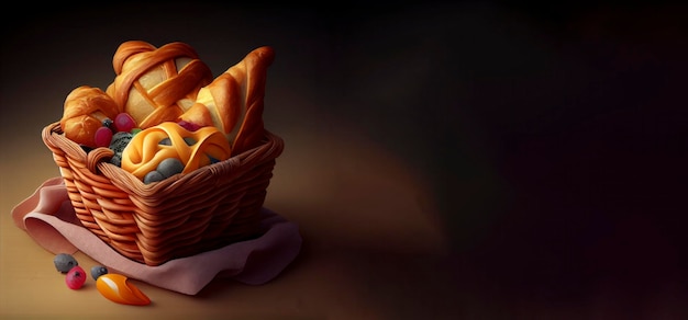 A basket of bread is shown in a dark room.