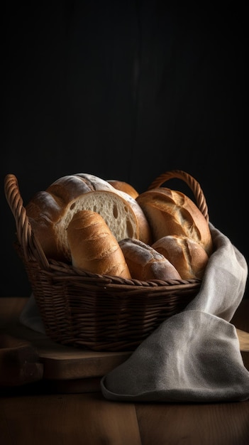 A basket of bread is shown with a light shining on the top.