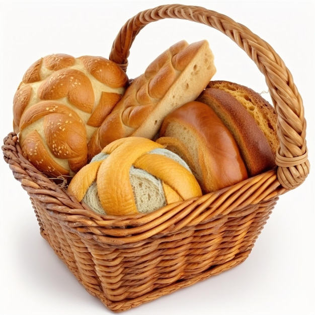 A basket of bread is shown with a white background.