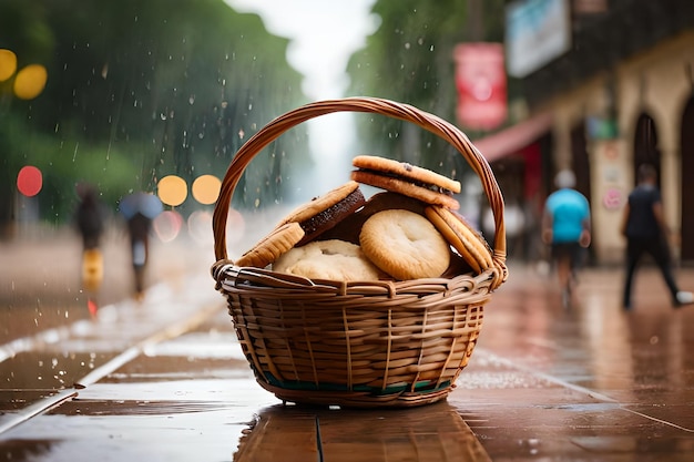 Foto cestino di pane in una giornata piovosa con uno sfondo sfocato.