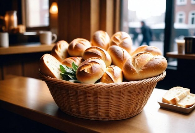 Photo a basket of bread with bread in it sits on a counter