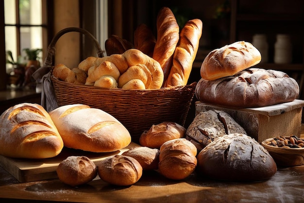 A basket of breads with a basket of bread on the table