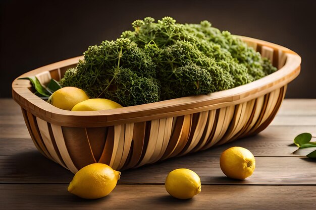 a basket of broccoli and lemons on a table.