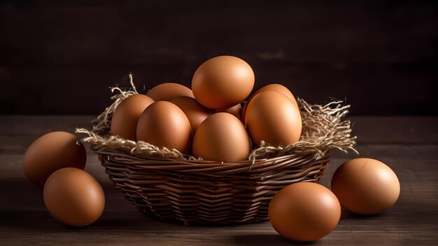 A basket of brown eggs on a wooden table