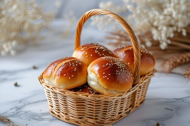 a basket of buns with sesame seeds