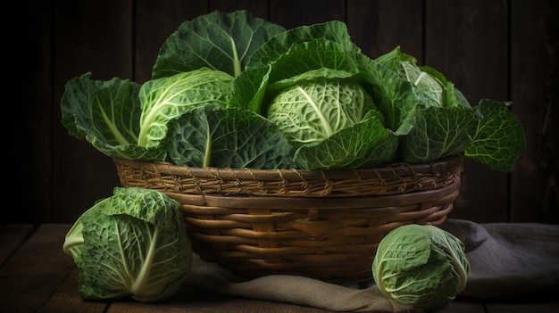 A basket of cabbages sits on a table.