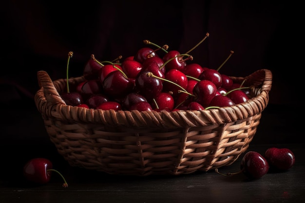 A basket of cherries on a dark background