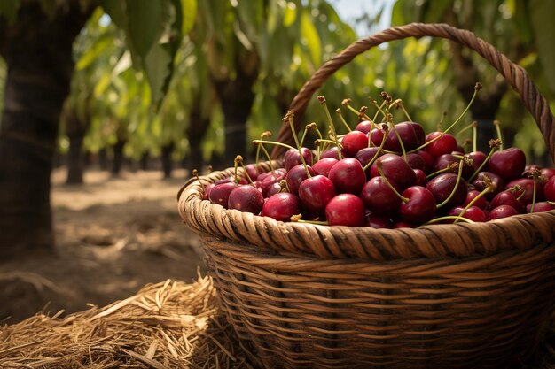 Photo a basket of cherries in a field with a straw basket of strawberries