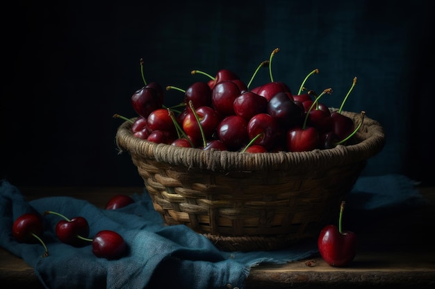 A basket of cherries sits on a table.