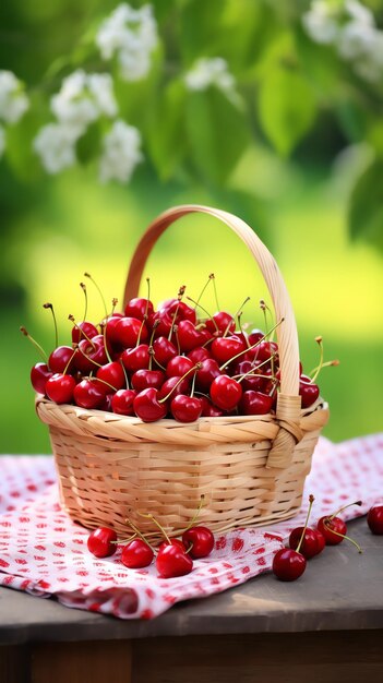 a basket of cherries on a table