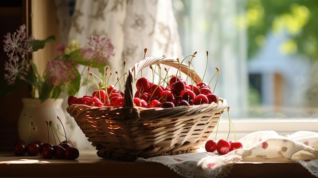 Basket of cherries on table