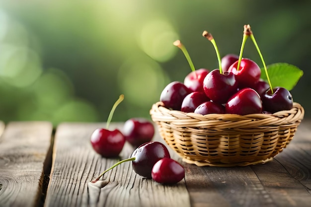 A basket of cherries with a green background
