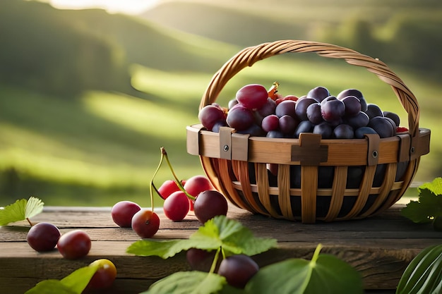 Корзина вишни с листьями и корзина винограда на деревянном столе.