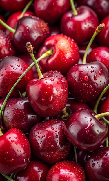 a basket of cherries with water drops on them