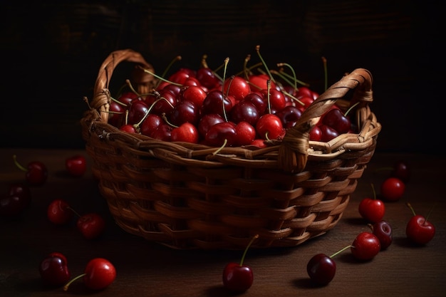 Photo a basket of cherries on a wooden surface